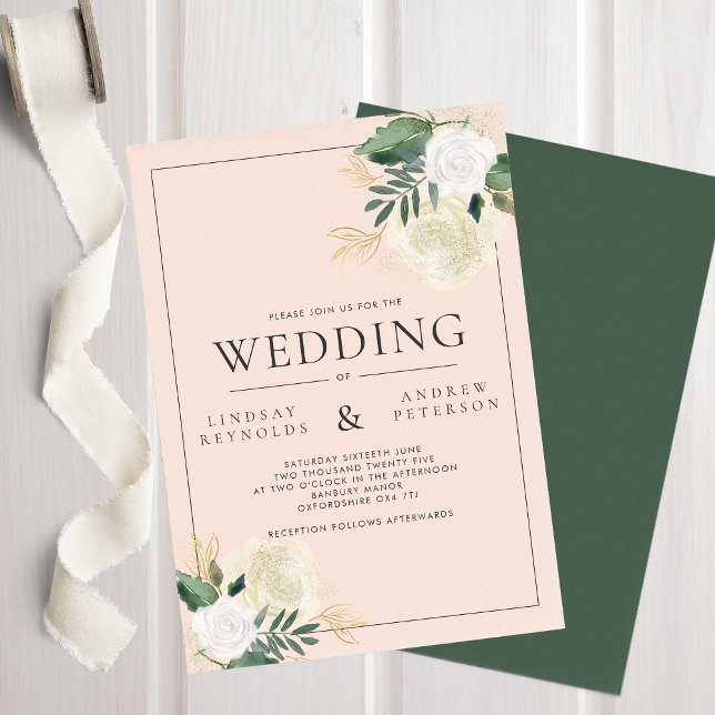 Romantic Blush & Green Glitter Wedding Invitation (Creator Uploaded)