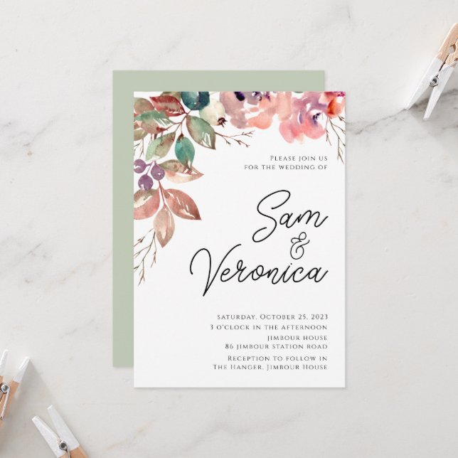 Romantic Blush Mauve Watercolour Floral Wedding In Invitation (Front/Back In Situ)