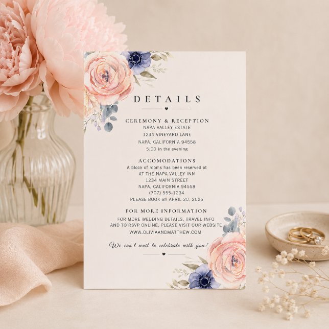 Romantic Blush Peonies Wedding Details Card  (Elegant floral Details Card for a timeless wedding stationery suite.)