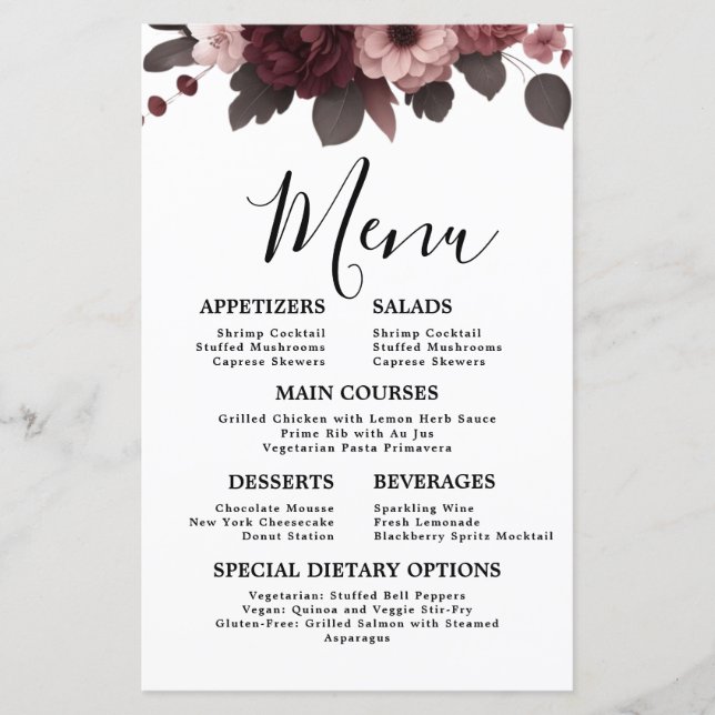 Romantic Blush Pink Burgundy Floral Wedding Menu (Front)