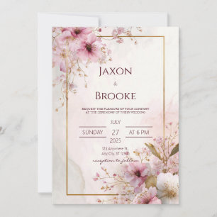 Romantic Blush Pink Floral Gold Frame Wedding Invitation