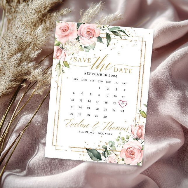 Romantic blush pink floral gold frame wedding save the date (Romantic blush pink floral gold frame wedding save the date)
