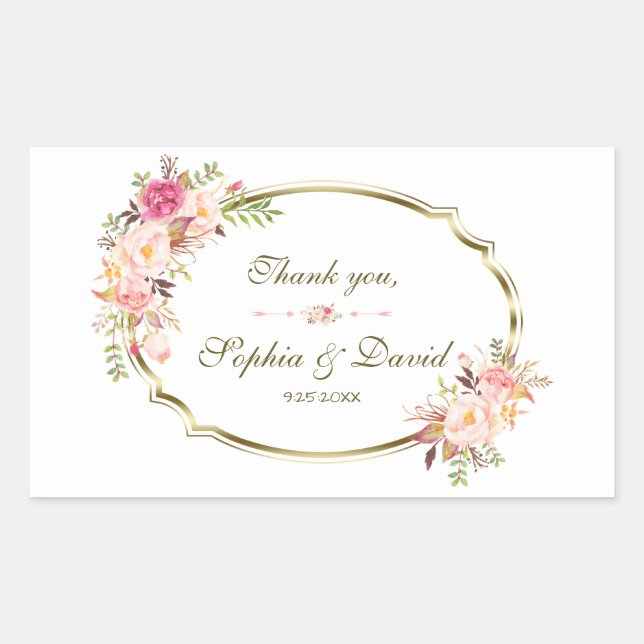 Romantic Blush Pink Floral Gold Frame Wedding Sticker (Front)