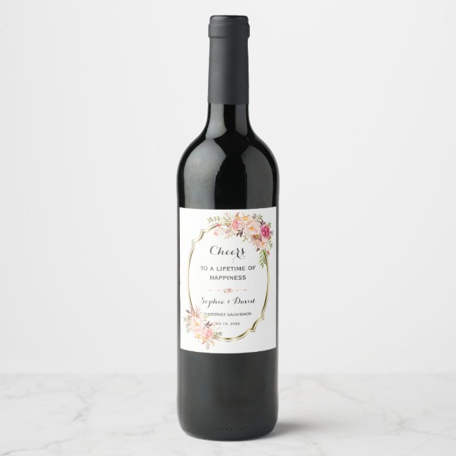 Romantic Blush Pink Floral Gold Frame Wedding Wine Label (Front)