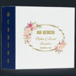 Romantic Blush Pink Floral Gold Wedding Album Binder<br><div class="desc">Romantic Gold Blush Floral card design. It features an elegant faux gold frame, gorgeous watercolour pink blush floral corners. On the back a navy blue background and pink blush flowers. Use Customize tool to add your info. All text style, colours, sizes can be modified to fit your needs. For matching...</div>