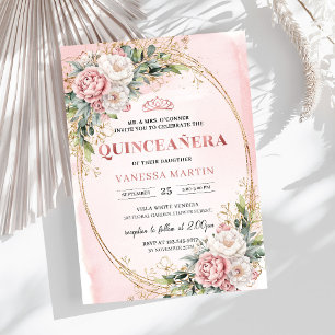 Romantic Blush Pink Floral Greenery Quinceañera Invitation