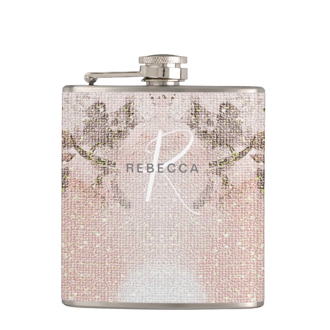Romantic Blush-Pink Floral Monogram Flask (Front)