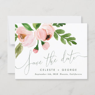 romantic blush pink floral save the date announcement