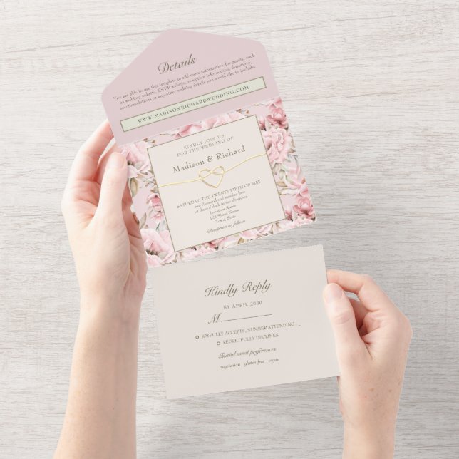 Romantic Blush Pink Floral Wedding All In One Invitation (Tearaway)