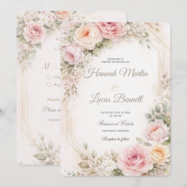 Romantic Blush Pink Floral Wedding Invitation (Front/Back)