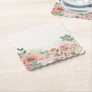 romantic blush pink flowers & leaves paper coaster