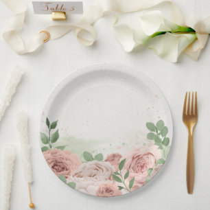 romantic blush pink flowers & leaves paper plate