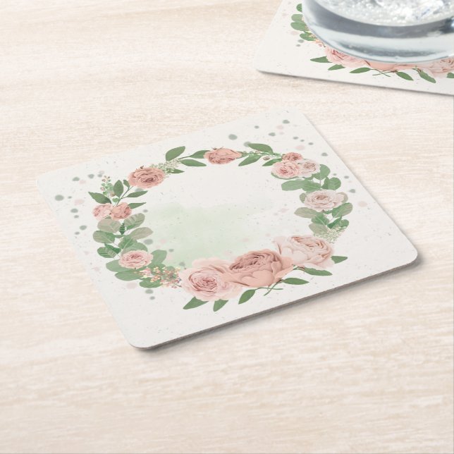 romantic blush pink flowers & leaves square paper  coaster (Angled)