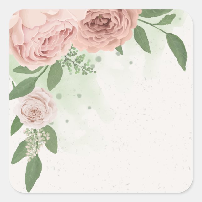 romantic blush pink flowers & leaves square sticker (Front)
