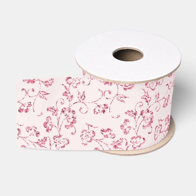 Romantic Blush Pink Glitter Floral Wedding Grosgrain Ribbon (Spool)