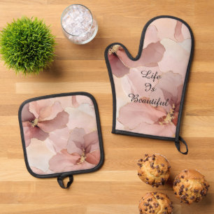 Romantic Blush Pink Gold Floral Bridal Shower Oven Mitt & Pot Holder Set