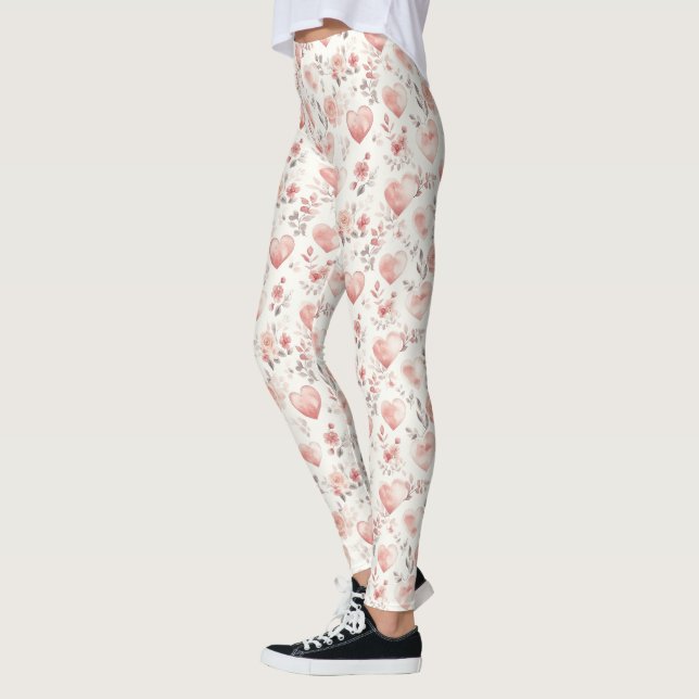 Romantic Blush Pink Hearts Roses Floral Love  Leggings (Left)