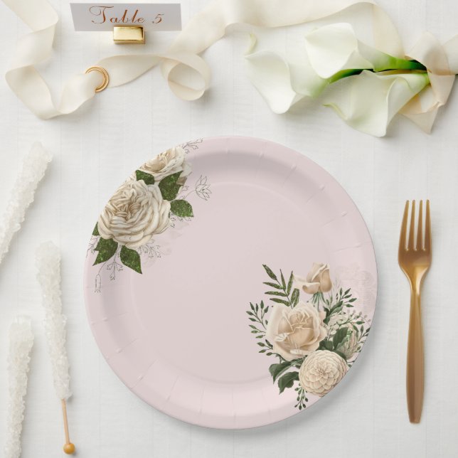 Romantic Blush Pink Ivory Floral Wedding Paper Plate (Wedding)