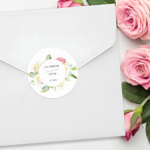 Romantic Blush Pink/Ivory Watercolor Roses Wedding Classic Round Sticker
