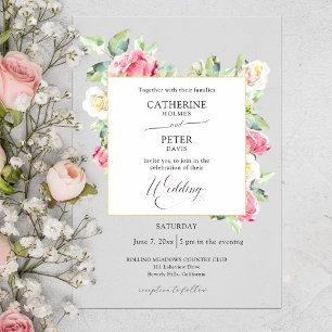 Romantic Blush Pink/Ivory Watercolor Roses Wedding Vellum Invitations