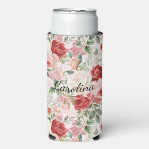 Romantic Blush Pink Red Roses Floral Seltzer Can Cooler