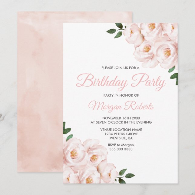 Romantic Blush Pink Rose Birthday Party Invitation (Front/Back)