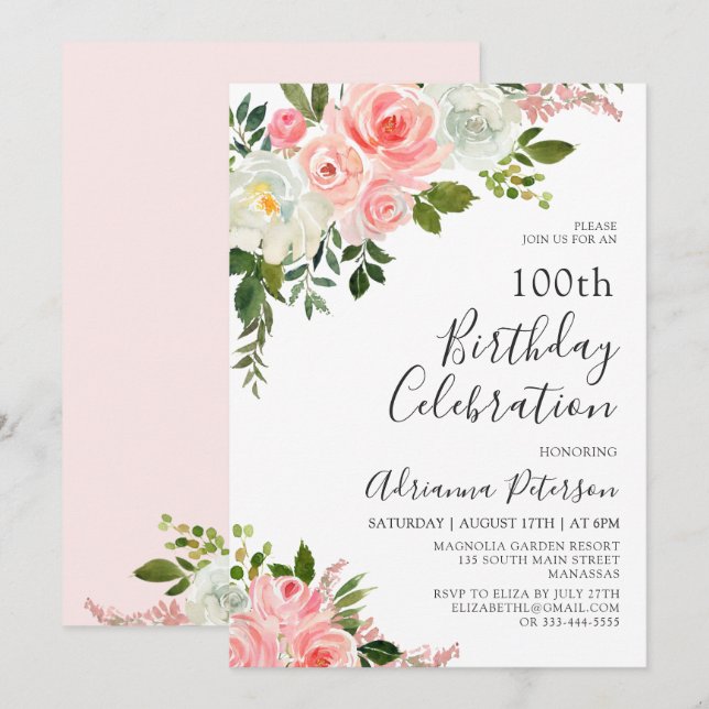 Romantic Blush Pink Rose Floral 100th Birthday Invitation (Front/Back)