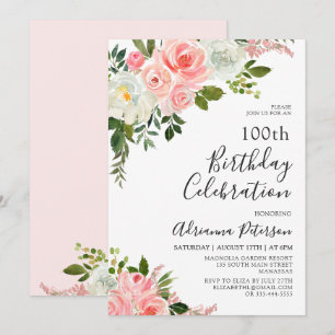 Romantic Blush Pink Rose Floral 100th Birthday Invitation