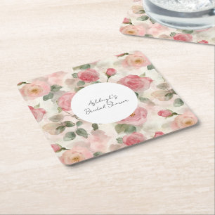 Romantic Blush Pink Roses Floral Bridal Shower Square Paper Coaster