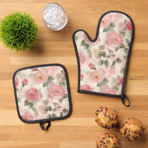 Romantic Blush Pink Roses Floral Oven Mitt & Pot Holder Set