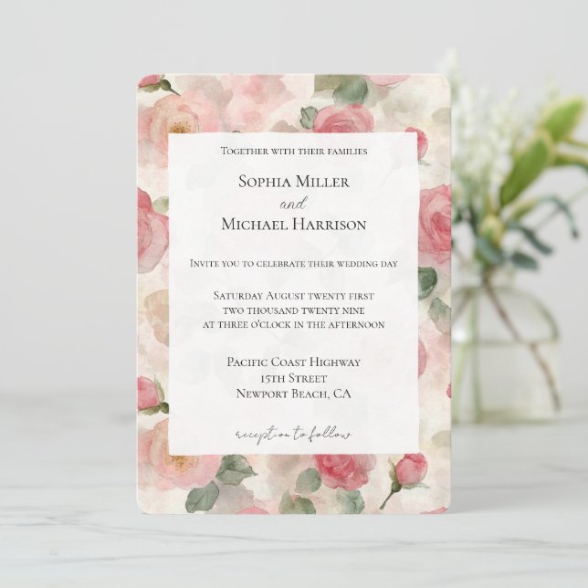 Romantic Blush Pink Roses Floral Wedding Invitation (Standing Front)