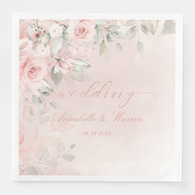 Romantic Blush Pink Secret Garden Roses Wedding Napkin (Front)