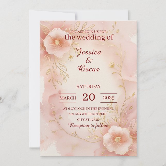 Romantic Blush Pink Watercolor Wedding Invitation (Front)