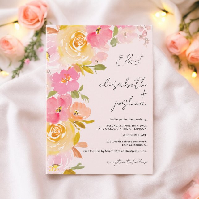 Romantic blush pink yellow floral photo wedding invitation (Romantic blush pink yellow floral photo wedding invitation)