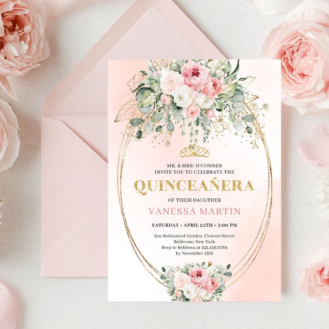 Romantic Blush Roses Bohemian Quinceañera Invite (Romantic Blush Roses Bohemian Quinceañera Invitation)