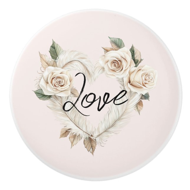 Romantic Blush Roses Feathers Heart Love Ceramic Knob (Front)