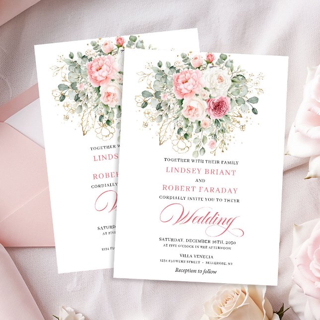 Romantic Blush Roses Greenery Gold Wedding Invite (Romantic Blush Roses Greenery Gold Wedding Invite)