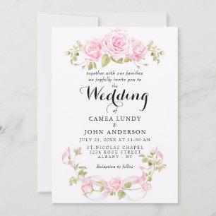 Romantic Blush Roses & Pink Bow Wedding Invitation