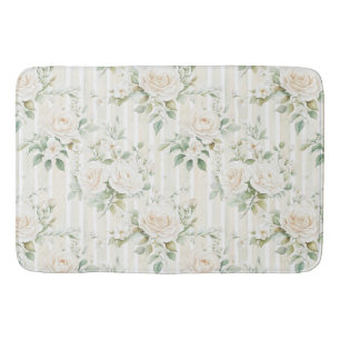 Romantic Blush White Roses Floral Stripes   Bath Mat