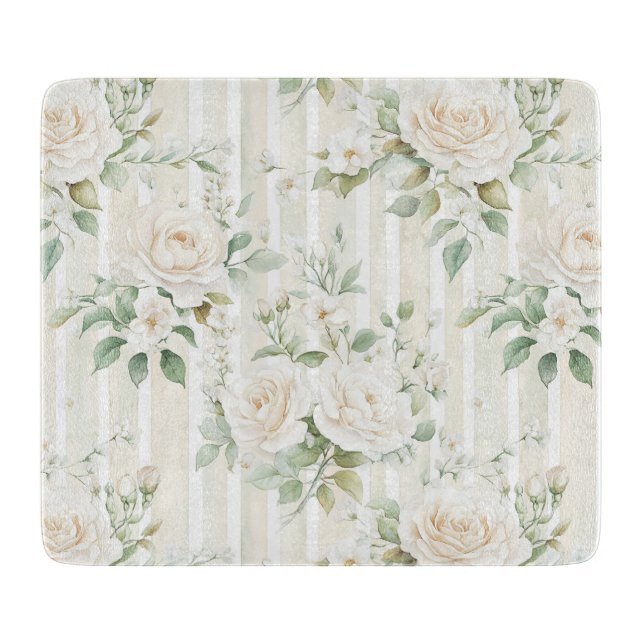 Romantic Blush White Roses Floral Stripes   Cutting Board (Front)