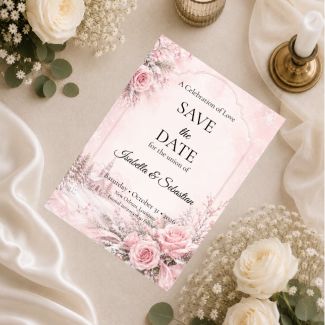 Romantic Blush Winter Wedding Save The Date (Creator Uploaded)
