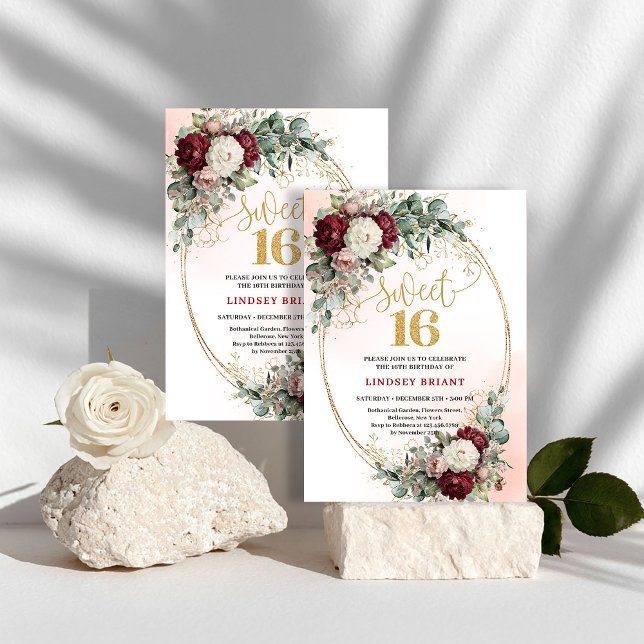 Romantic Bohemian Burgundy Floral Sweet 16 Invites (Romantic Bohemian Burgundy Floral Sweet 16 Invitation)