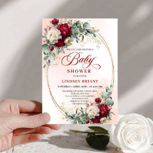 Romantic Bohemian Deep Red Floral Baby Shower Invitation