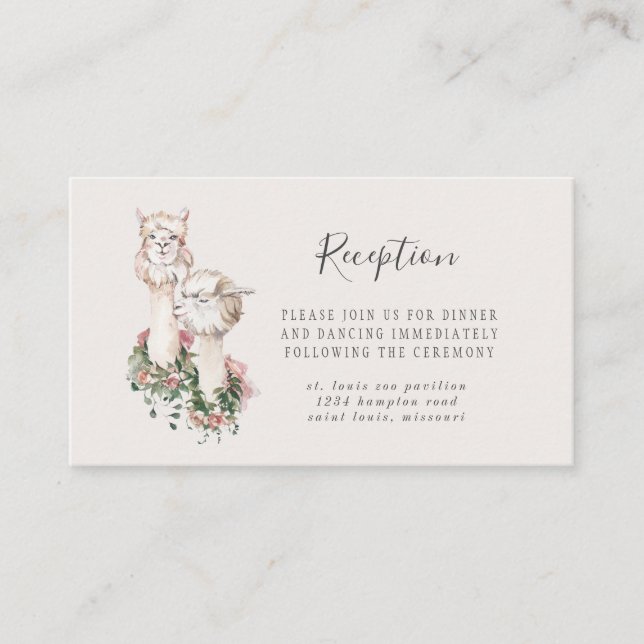 Romantic Bohemian Llama Wedding Reception Enclosure Card (Front)