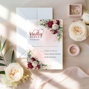 Romantic Bohemian Marsala Gold Floral Wedding RSVP Card