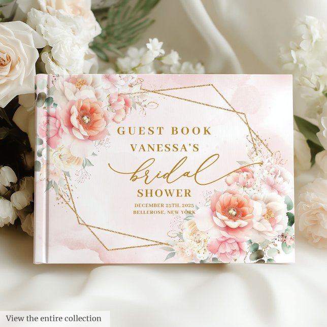 Romantic Boho Blush Gold Glitter Bridal Shower  Guest Book (Romantic Boho Blush Gold Glitter Bridal Shower Guest Book)