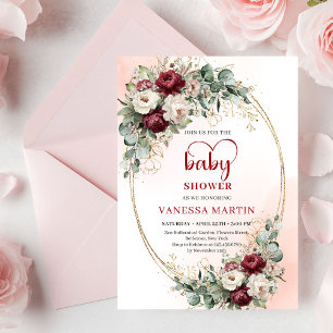 Romantic Boho Burgundy Eucalyptus Gold Baby Shower Invitation