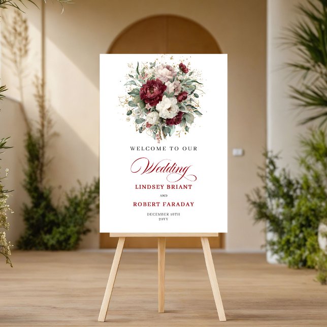 Romantic Boho Burgundy Flowers Greenery Welcome  Poster (Romantic Boho Burgundy Flowers Greenery Welcome Sign)