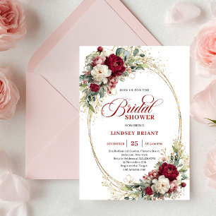 Romantic Boho Burgundy White Flowers Gold Shower Invitation