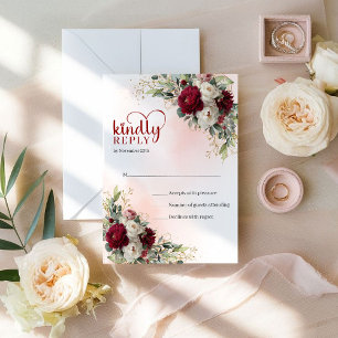 Romantic Boho Burgundy White Flowers Gold Wedding RSVP Card